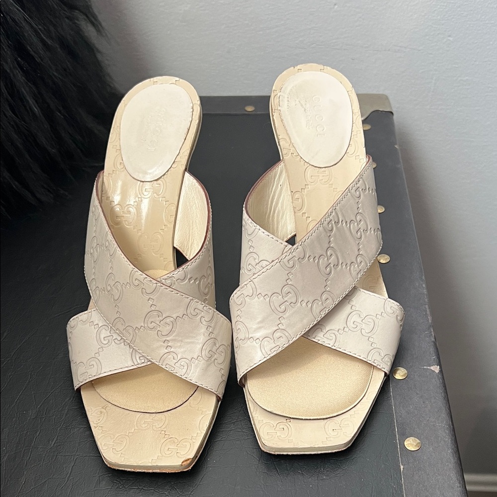 Gucci Beige Embossed Mules